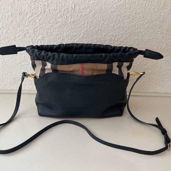 Burberry Peyton Navy Leather House Check Drawstring Crossbody - Picture 4 of 7